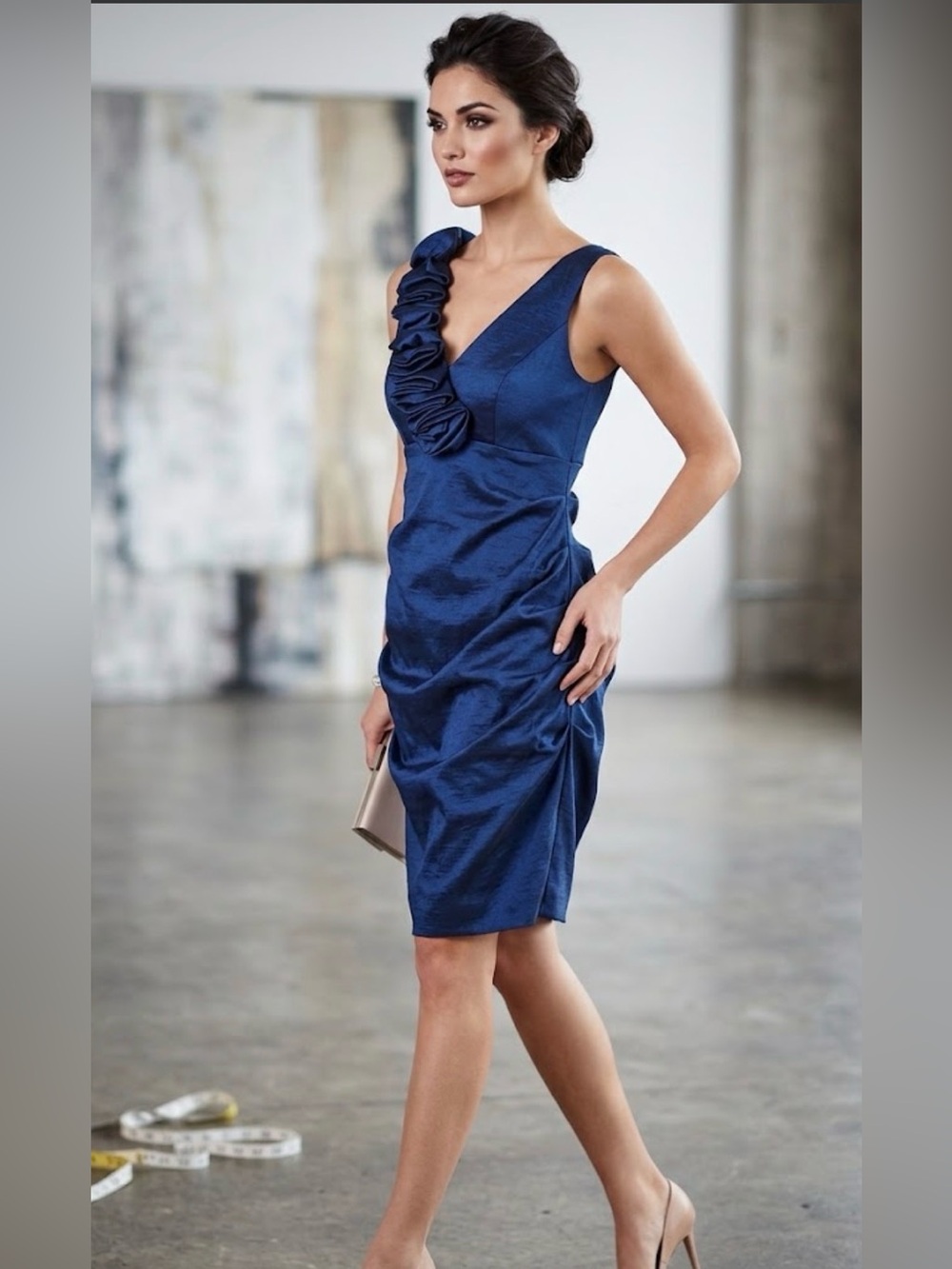 Betsy & Adam Navy One-Shoulder Ruffle Satin Dress size 12p